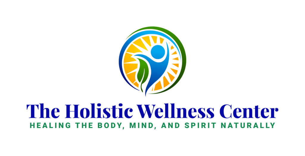 Logo of The Holistic Wellness Center with a stylized human figure and leaf.